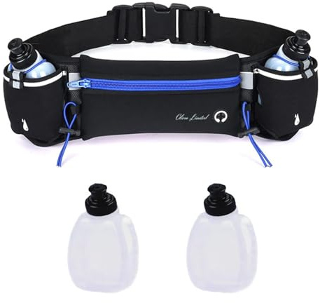 Hydration Running Belt with 2 Water Bottles for Men & Women – No-Bounce Adjustable Waist Pack, Fits Large Phones up to 6.6”, Running, Walking & Hiking, Reflective Strips (Blue)