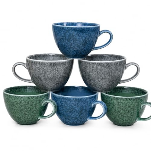 Stoneware Coffee Mugs Set of 6, 16oz Large Ceramic Cappuccino Cups with Handle, Artisanal Kiln-Transformed Glaze Reactive Mugs for Latte, Tea, Cocoa, Assorted Earthy Colors (2 Green, 2 Grey, 2 Blue)