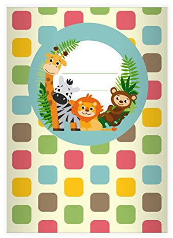 Kartenkaufrausch 8 Fröhliche, buntes Zoo DIN A4 Schulhefte, Schreibhefte mit Giraffe, Zebra und co in blau Lineatur 20 (blanko Heft)