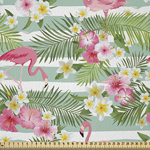 ABAKUHAUS Flamingo Stoff als Meterware, Exotische Hawaii-Blatt, Microfaser Stoff für Dekoratives Basteln, 1M (230x100cm), Grünes Rosa Weiß