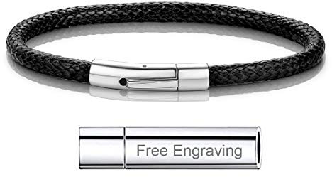 Bracelet Cordon Personnalisé Prénom Gravé Homme Femme Cuir Perles Acier Inoxysable Anneaux Gravure Personnalisable-Bijoux Cadeau Fete Des Père Mère Garçon Fille Anniversaire Couple Ami Noir-22 CM
