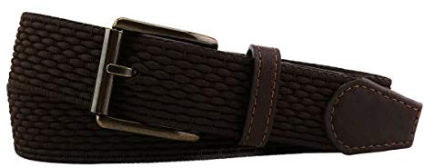 TigerTie hochwertiger Stretchgürtel mit Edelstahl Schnalle und echt Leder Applikationen braun dunkelbraun einfarbig. Gürtelbreite 35 mm, Bundweite 100 cm