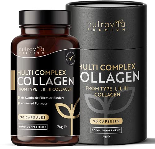 Premium Multi Collagen Protein Capsules with Type I, II, III - Includes Hydrolysed Grass Fed Bovine Collagen, Marine Collagen, Hyaluronic Acid, Turmeric - 90 Capsules - Made in The UK by Nutravita