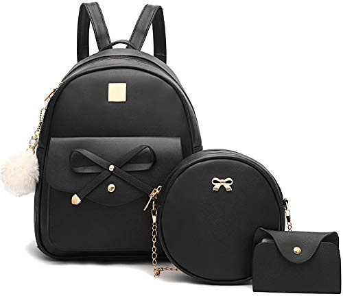 M盲dchen Bowknot 3 St眉ck Fahsion Leder Rucksack Rucksack b枚rse f眉r Frauen Rucksack f眉r Damen Schultertasche, Schwarz 3pcs, Medium