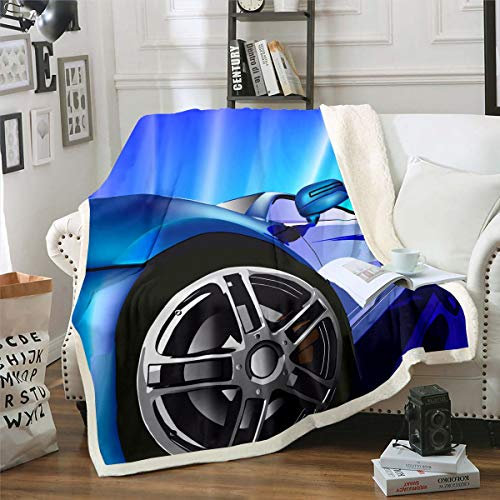 Tbrand Rennsportwagen Decke 220x240cm Extremsport Thema Kuscheldecke Modern Cool Blau Auto Wohndecke für Jungen Mädchen Automobile Stil