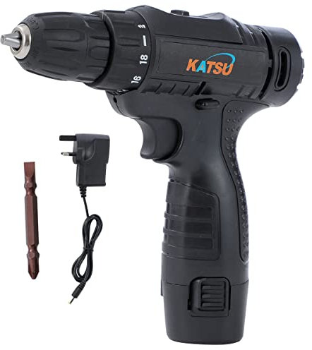 KATSU,Taladro inalámbrico de 12 V, destornillador alimentado por batería con portabrocas sin llave de 10 mm, luz LED y 1 batería incluida, ideal para proyectos de bricolaje en casa 102005