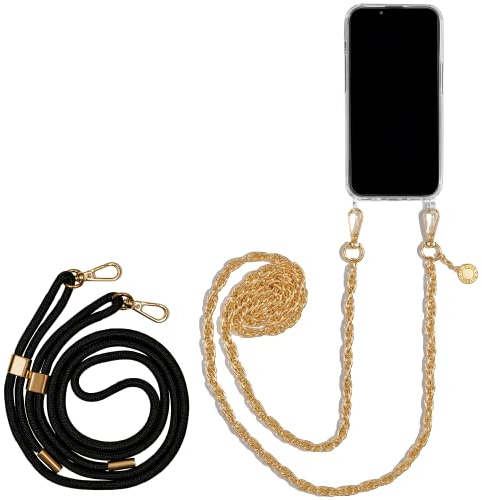 Jalouza Handykette, Kordel & Hülle Bundle kompatibel mit iPhone 13 Pro Max – Handykette Gold und Kordel Schwarz-Gold Plus Handykette iPhone 13 Pro Max Handyband