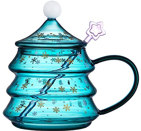 TOPWAYS Christmas Tree Shaped Coffee Mugs, Christmas Snowflake Decoration Glass Cups with Lid, Present for Christmas Valentine's Day 550ml (19 oz)