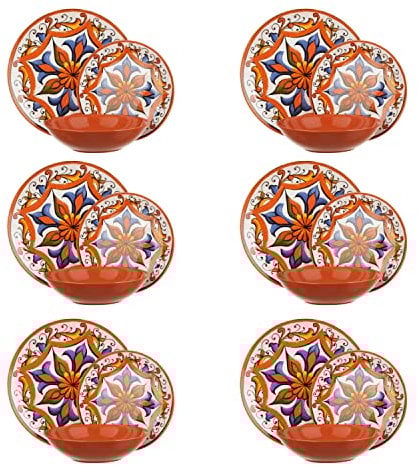 Service de 18 assiettes motif fleur orange