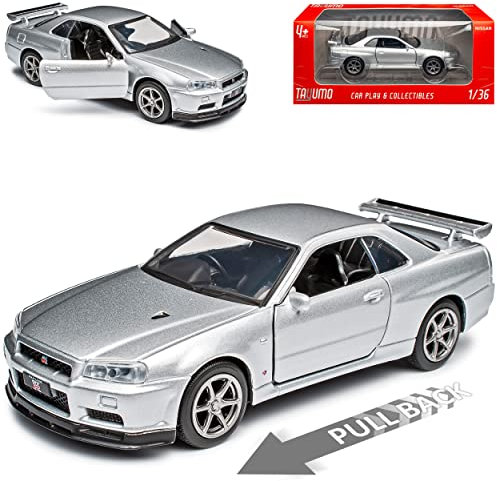 Nisan Skyline R34 GT-R V-Spec II Coupe Silber 1998-2002 1/36 Tayumo Modell Auto mit oder ohne individiuellem Wunschkennzeichen