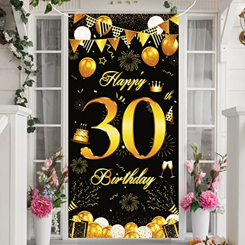 30 Geburtstag Banner Männer, Schwarz Gold 30. Geburtstag Tür Hintergrund Deko für Frauen, Große Schwarze Stoff Gold Glitter Zeichen Banner für 30. Mann Geburtstag Party Dekoration, 72,8 × 35,4 Zoll