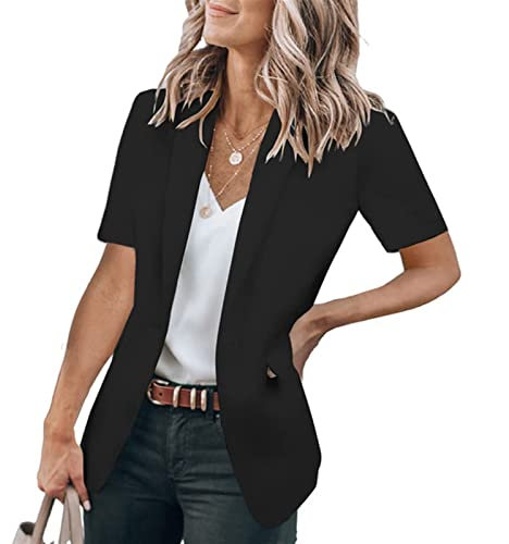 Sawmew Kurzärmliger, Leichter Büro-Anzugsjacken-Blazer für Damen, Vorne Offener Arbeitsanzug mit Einem Knopf (Color : Black, Size : XXL)