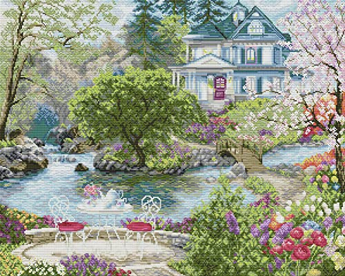 Awesocrafts Kreuzstich Stickpackungen Vorgedruckt Wasserfront, Familie Bilder Vorlagen Sticken Set Vorgedruckt 14CT 2 Stränge