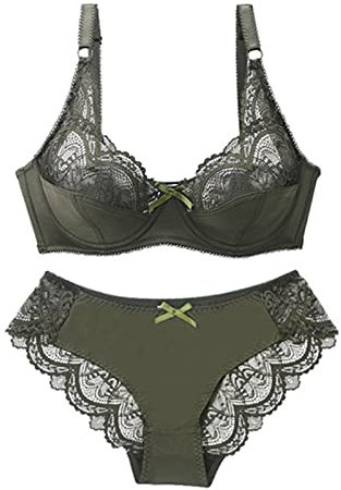 Necalisi Bra Lingerie Sets Green Lingerie for Women Floral Lace Bra with Embroidery Bra with Half Cup Bra and Knickers Set (Underwire Lingerie Set) Invisible Lift-up Bra 80C