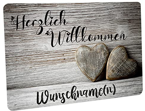 Crealuxe Personalisierbare Fußmatte - 2 Herzen Grauer Holzhintergrund - Türmatte mit Wunschtext, Name oder Motiv – rutschfest – 60x40 cm – Türvorleger für Innen & Außen – Einzug, Hausflur oder Büro