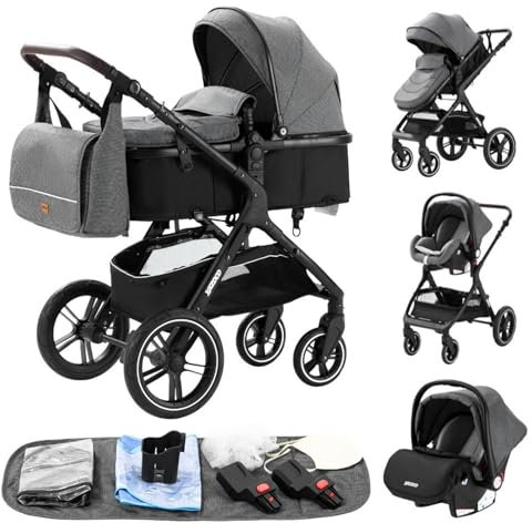 YAZOCO kinderwagen 3 in 1, Zusammenklappbar kinderwagen mit Wickeltasche,Komplettset Becherhalter,Moskitonetz, Fußabdeckung,Sitzzubehör (1 grau)
