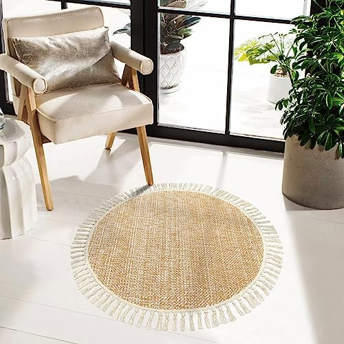 Collive Handgewebter runder Teppich, weiche Baumwolle, maschinenwaschbar, 91 cm, Bauernhaus-Teppiche mit Quasten, hellbraun/cremefarben, runde Teppiche für Schlafzimmer, Wohnzimmer, Tisch, Büro