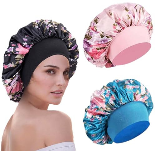 WUBAYI 3 Pcs Soft Satin Bonnet, Silk Bonnet Hair Wrap for Sleeping, Sleeping Hair Care Cap Bonnets, Night Sleeping Head Cover Sleeping Hat for Women and Girls Curly Hair (Pink,Black,Blue)