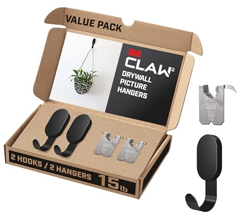3M CLAW 15 lb. 2 Drywall Black Hooks & 2 Extra Picture Hangers, Heavyweight Hanging Solution for Backpacks, Jackets, Pictures and Room Decor, Cute Wall Hooks - 4 Pack