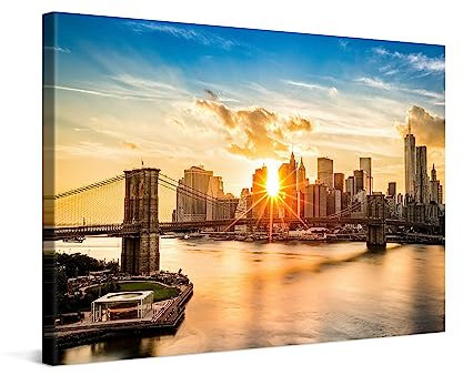 PICANOVA – Leinwandbild 30x20cm Manhattan New York City Sonnenuntergang – Leinwanddruck – Wandbild Kunstdruck Auf 2cm Holz-Keilrahmen Für Schlaf- Und Wohnzimmer Wanddekoration – Bild auf Leinwand