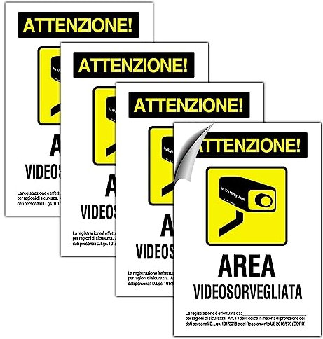 EVM 4 Cartelli Videosorveglianza Adesivi Area Videosorvegliata in PVC Morbido impermeabile (4-100x150)
