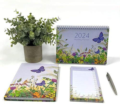 Exacompta - Ref GS036Z 2024 Organisationspaket – enthält ein Tagebuch im A5-Format, Tischkalender (Monat pro Ansicht) und einen Einkaufslistennotizblock im Schmetterlings- und Blumen-Design