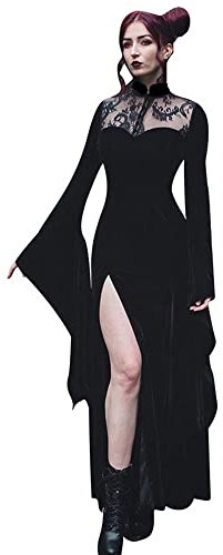 YUDATPG Sexy Split Dress for Women Lace Long Flare Sleeve Mermaid High Neck Waist Halloween Gothic Witch Cosplay Maxi Dress (UK, Alpha, L, Regular, Regular, Black)