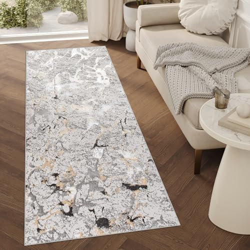 TAPISO Crystal Läufer Teppich Glänzend Hellgrau Gold Creme Marmoreffekt Abstrakt Wohnzimmer Schlafzimmer Flur Korridor Modern Design ÖKO-TEX 120 x 700 cm