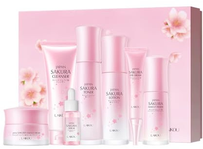 LAIKOU Sakura Gesichtspflege Set, Beauty-Geschenksets, 7 Stück Hautpflege Geschenkset Frauen, Skincare Geschenkset Teenager, mit Reiniger Toner Lotion Serum Augencreme Gesichtscreme Primer