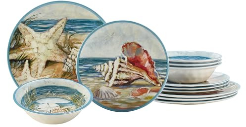 Seacoast Melamine 12 Piece Dinnerware Set – Coastal Beach-Themed Plates and Bowls, Service for 4 with Shell and Ocean Art, Break-Resistant BPA-Free Reusable Dinnerware, Dishwasher Safe Indoor/Outdoor
