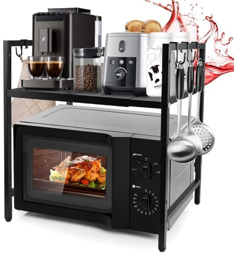 Soporte Extensible para Microondas de 2 Niveles, Rejilla para encimera de Cocina Organizador Estanteria Mueble con 6 Ganchos, Estantería para Microondas, 40-64 cm, Negro