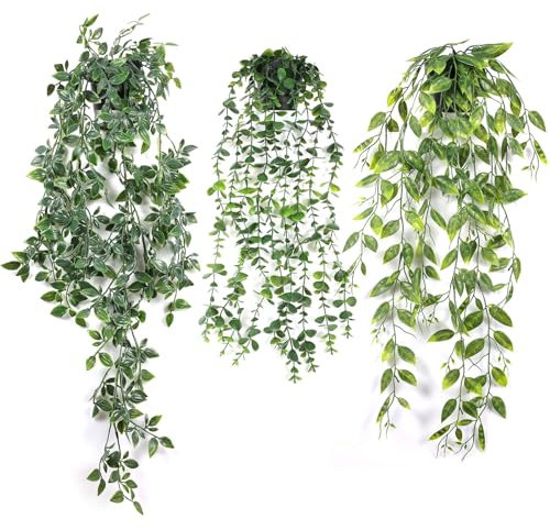 CYZBL 3 Pack Artificial Hanging Plant, Greenery Fake Hanging Plants with Pot, Green Fake Ivy Vines, Wall Mounted Faux Plant, Wheat Grass for Indoor Outdoor Garden Decoration (A)