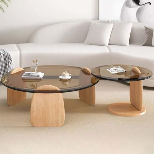 BESTXH Runder Couchtisch Aus Glas, Mid Century Moderner Beistelltisch, Couchtisch Mit Rahmen Aus Naturholz Und Platte Aus GehäRtetem Glas, Minimalistischer Beistelltisch,D,50+80cm