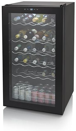Swan SR12040BN 34 Bottle Glass Fronted Wine Cooler with Reversible Door, LED Display, 80L Capacity, Black