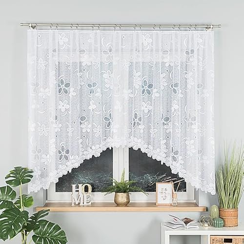 Gardinen Vorhangen Weiß 350x110 cm (BxH) Atorno Blumenmotiv Stores Gardinen mit Kräuselband Kurz Jacquard Scheibengardine Wohnzimmer Vorhänge Fertiggardine Küchengardinen Bogen Kurzstores