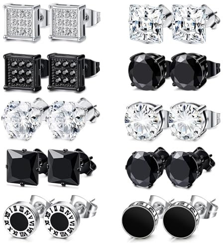 LOCCY 10 Paar Diamant Ohrringe für Männer Herren Ohrringe Ohrstecker Silber Schwarz Cubic Zirkonia Jungen Ohrring Quadratische Herren Ohrring Ohrstecker für Männer Frauen Mädchen 8MM (Silber B)