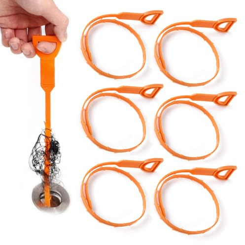 6 Pack Drain Clog Remover Tool, 25 Inch Length Drain Cleaner Sticks for Sink, Pipe and Tub - Plumbing unclogger Tool for Clogged Drains in Shower, Hair Catcher for Bathroom, Kitchen, Bathtub