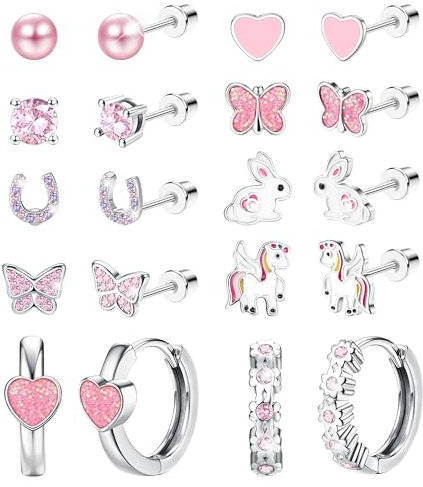 CASSIECA 10 Paires Boucles d'Oreilles pour Filles Boucles d'Oreille Acier Inoxydable Multicolore Coeur Fleur CZ Boucles Oreille Hypoallergéniques Cadeaux d'Anniversaire Noël pour Filles