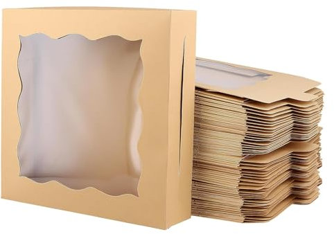 TAICHEUT 50 Pack 10 x 10 x 2.5 Inch Square Kraft Bakery Boxes with Transparent Window, Large Pie Boxes, Brown Flat Cake Box for Cakes, Pie