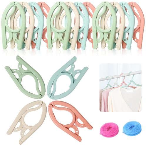 VEPEPE 12 Stück Faltbare Kleiderbügel Tragbare, Reisekleiderbügel mit Wäscheleine, Rutschfester Reise Kleiderbügel aus Kunststoff für Zuhause, Hotel, Reisen, Camping (4 Farben)