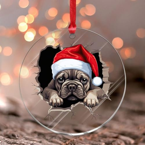 Weihnachtsschmuck 2024 Peeking Französische Bulldogge Acryl Hängende Ornamente Welpen Erstes Weihnachten Souvenir Geschenk für Hund Mutter Andenken Sammlerstück Geschenk Baumschmuck Strumpf