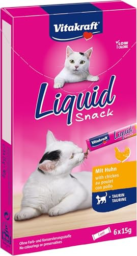 VITAKRAFT - Liquid Snack - Friandises Chat Au Poulet + Taurine - Alimentation Liquide pour Chat - Faible en Calories - 6 Sachets Fraîcheur De 15 g (Lot de 8)