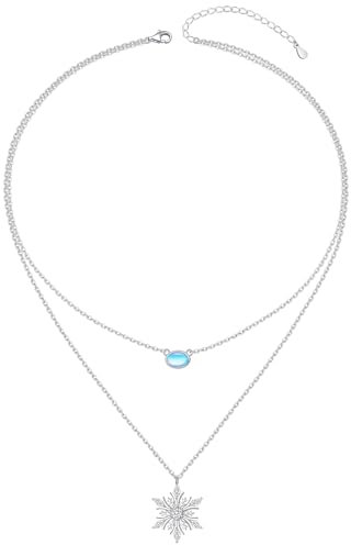 Schneeflocken Geschichtet Choker Halskette S925 Sterling Silber Labor Mondstein Schneeflocke Anhänger Schmuck Einstellbar Clavicle Halskette für Damen Geburtstag Geschenke (Mondstein Schneeflocken)