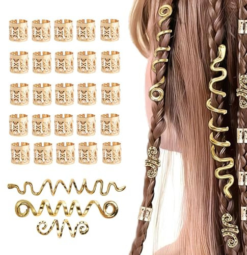 28 Stück Dreadlocks Schmuck,Haar Schmuck Women,Dread Schmuck,Haarschmuck Pirat,Haarperlen zum Klipsen,Verstellbar Cuffs Metal Gold Hair Accessories für Männer, Haarringe Haarmanschetten Braids Clips