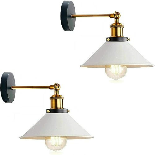LEDSone Vintage 180 Degree Adjustable E27 Swing Arm Wall Lamp Fixtures Wall Sconces Industrial Metal Indoor Wall Mounted Sconce for Bedroom Galleries Living Room Hallway Kitchen (White 2 Pack)