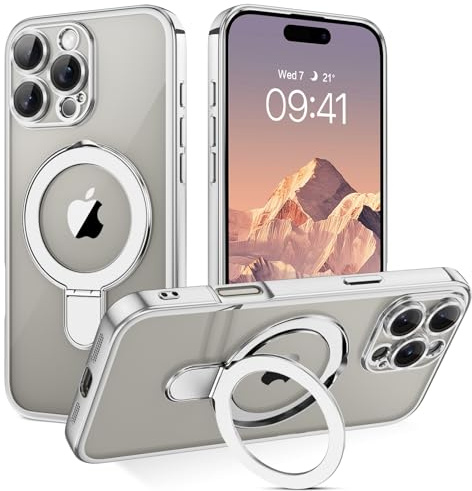 BENTOBEN Magnetic Case for iPhone 16 Pro [Compatible with Magsafe], Invisible Ring Stand Clear Back Soft TPU Plating Edge Military Grade Protection Shockproof Cover for iPhone 16 Pro, Silver