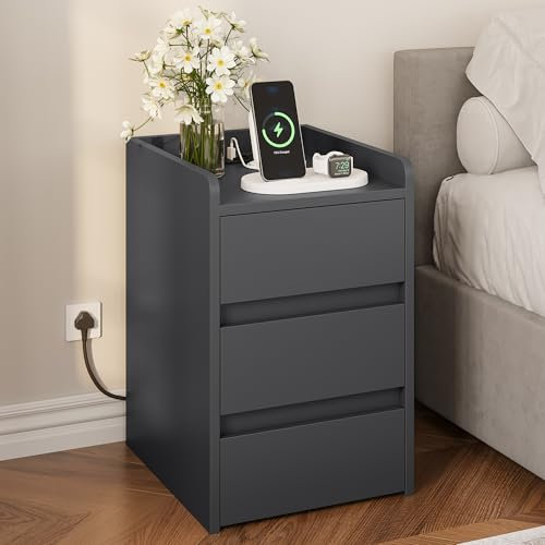 YITAHOME Nachttisch mit 3 Schubladen und Netzteil, Nachtkommode mit Ladestation, 2 USB-Anschlüssen und Steckdosen, wasserfester Beistelltisch für Wohnzimmer und Schlafzimmer, 35 x 40 x 59 cm (Grau)