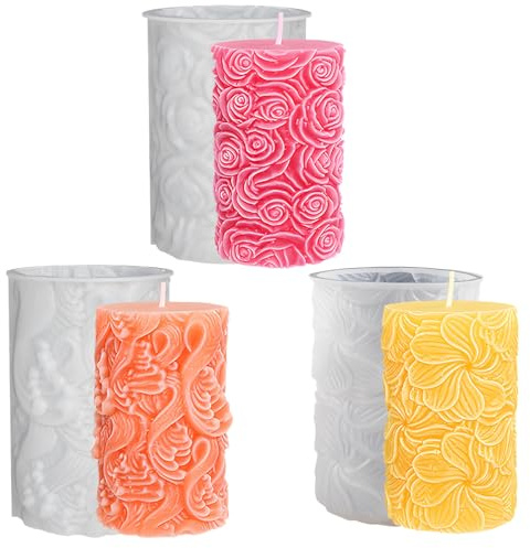 3 stampi per candele in silicone per la realizzazione di candele, includono stampi a colonna a colonna a forma di rosa, mulino a vento a forma di fiore, ideali per candele fai da te e decorazioni per