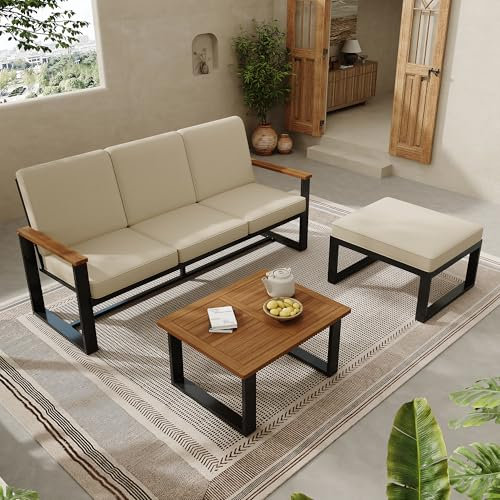 Merax Gartenmöbel-Set Eckgarnitur, Sofa + Couchtisch + Fußhocker, Verzinktes Stahlrohr, Akazienholz Tischplatte, Bequem und Platzsparend, Ideal für Garten, Terrasse und Balkon, Beige + Schwarz