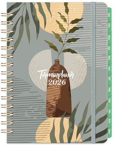 Terminplaner 2026 - Kalender 2026 A5 von January 2026 bis Dezember 2026, Spiralkalender mit 'Grünblätter Vase' Hardcover, Einstecktasche, Wochenplaner